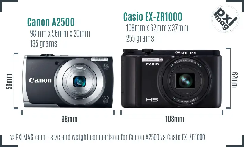 Canon A2500 vs Casio EX-ZR1000 size comparison