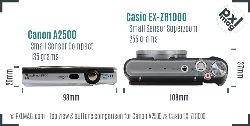 Canon A2500 vs Casio EX-ZR1000 top view buttons comparison