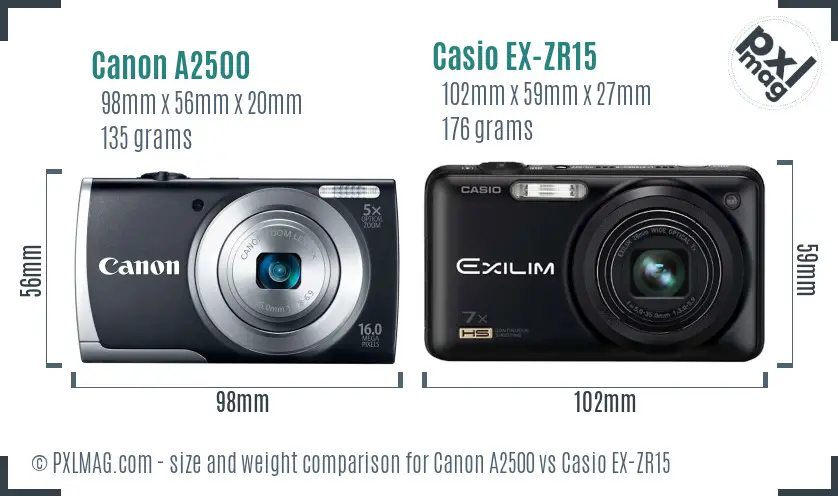 Canon A2500 vs Casio EX-ZR15 size comparison Canon A2500 vs Casio EX-ZR15 size comparison