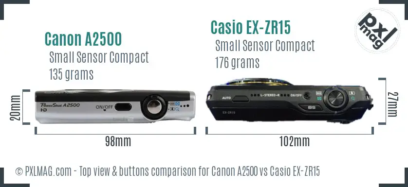 Canon A2500 vs Casio EX-ZR15 top view buttons comparison Canon A2500 vs Casio EX-ZR15 top view buttons comparison