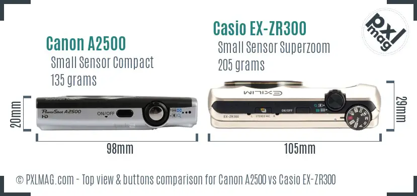 Canon A2500 vs Casio EX-ZR300 top view buttons comparison Canon A2500 vs Casio EX-ZR300 top view buttons comparison
