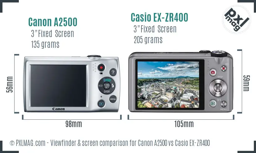 Canon A2500 vs Casio EX-ZR400 Screen and Viewfinder comparison