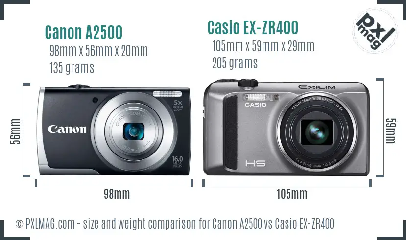 Canon A2500 vs Casio EX-ZR400 size comparison