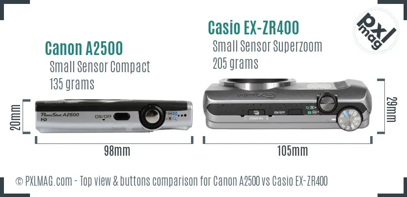 Canon A2500 vs Casio EX-ZR400 top view buttons comparison