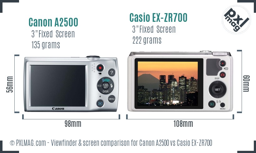 Canon A2500 vs Casio EX-ZR700 Screen and Viewfinder comparison