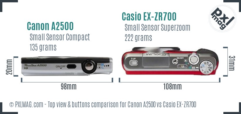 Canon A2500 vs Casio EX-ZR700 top view buttons comparison