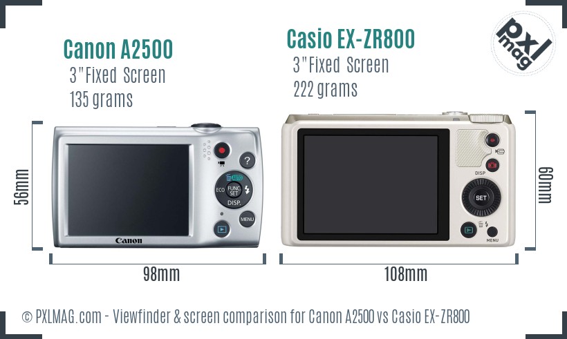 Canon A2500 vs Casio EX-ZR800 Screen and Viewfinder comparison