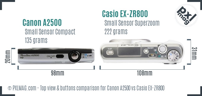 Canon A2500 vs Casio EX-ZR800 top view buttons comparison