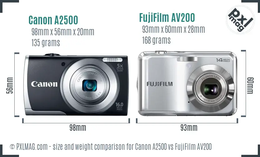 Canon A2500 vs FujiFilm AV200 size comparison