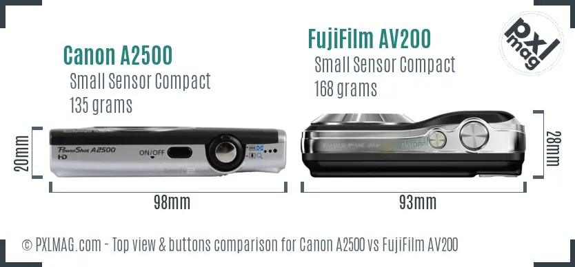 Canon A2500 vs FujiFilm AV200 top view buttons comparison