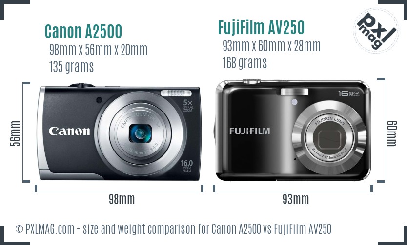Canon A2500 vs FujiFilm AV250 size comparison
