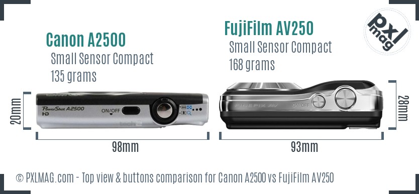 Canon A2500 vs FujiFilm AV250 top view buttons comparison
