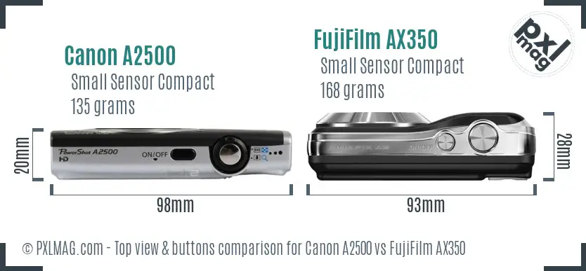 Canon A2500 vs FujiFilm AX350 top view buttons comparison