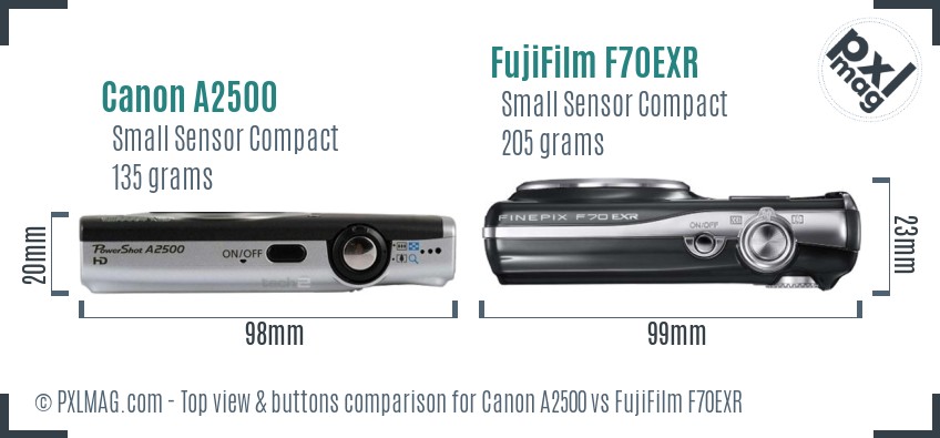 Canon A2500 vs FujiFilm F70EXR top view buttons comparison