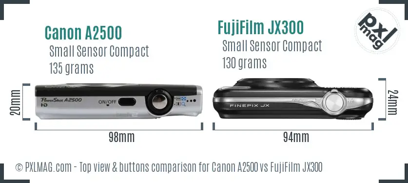 Canon A2500 vs FujiFilm JX300 top view buttons comparison