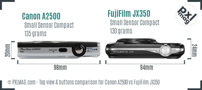 Canon A2500 vs FujiFilm JX350 top view buttons comparison