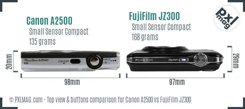 Canon A2500 vs FujiFilm JZ300 top view buttons comparison Canon A2500 vs FujiFilm JZ300 top view buttons comparison