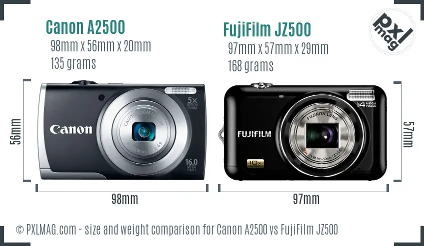 Canon A2500 vs FujiFilm JZ500 size comparison Canon A2500 vs FujiFilm JZ500 size comparison