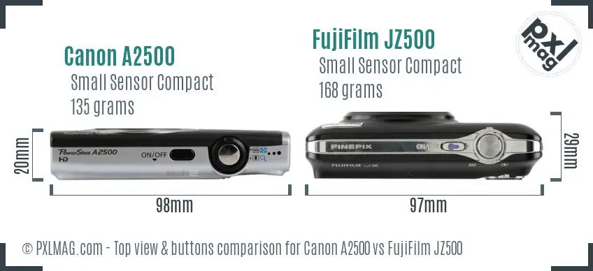 Canon A2500 vs FujiFilm JZ500 top view buttons comparison Canon A2500 vs FujiFilm JZ500 top view buttons comparison