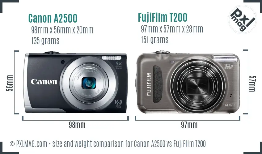 Canon A2500 vs FujiFilm T200 size comparison