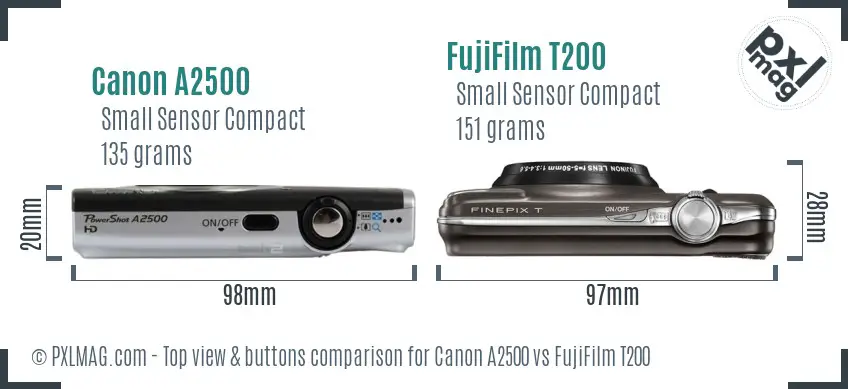 Canon A2500 vs FujiFilm T200 top view buttons comparison