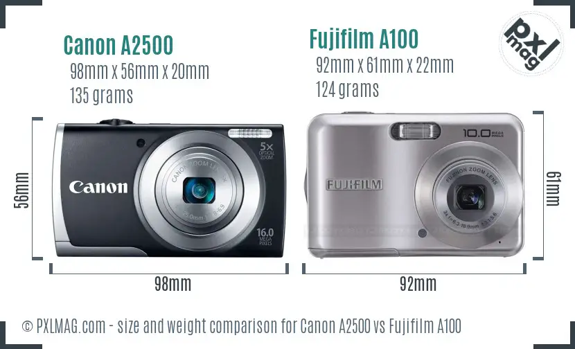 Canon A2500 vs Fujifilm A100 size comparison