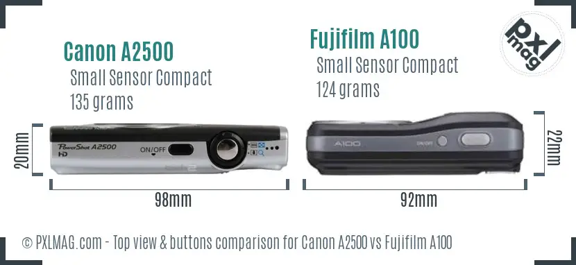 Canon A2500 vs Fujifilm A100 top view buttons comparison