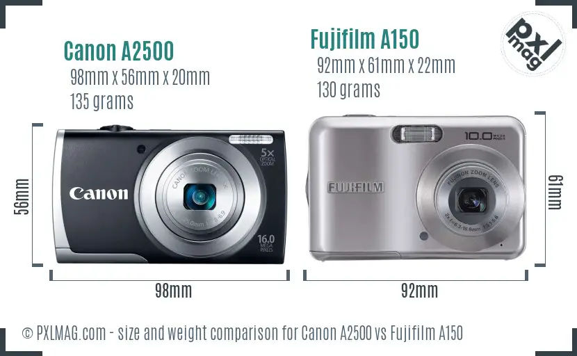 Canon A2500 vs Fujifilm A150 size comparison