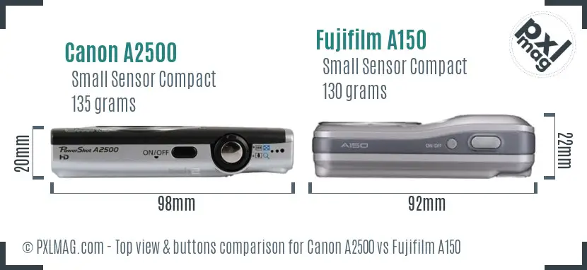 Canon A2500 vs Fujifilm A150 top view buttons comparison