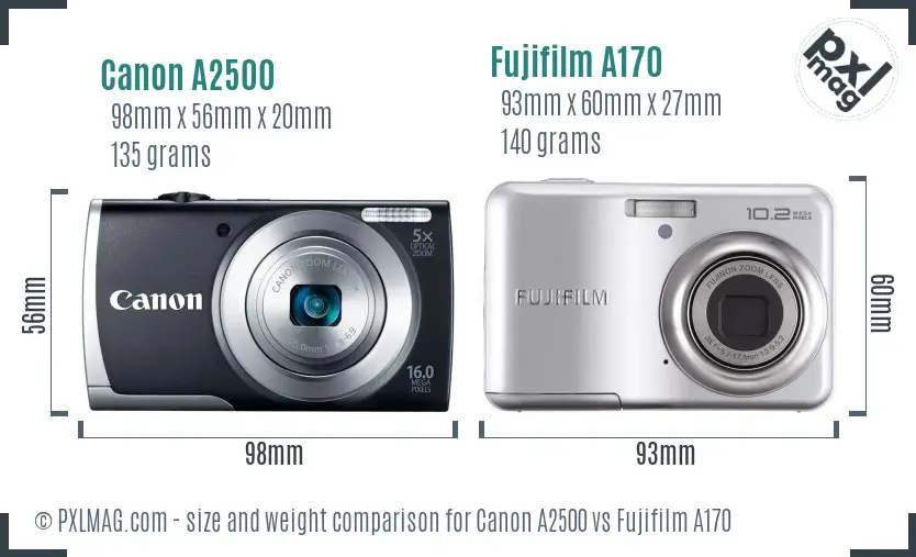 Canon A2500 vs Fujifilm A170 size comparison