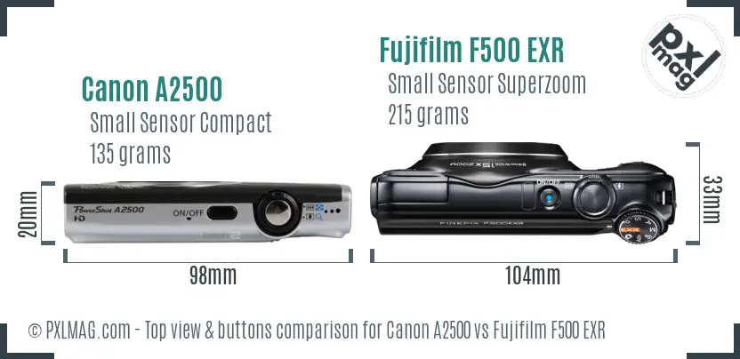 Canon A2500 vs Fujifilm F500 EXR top view buttons comparison