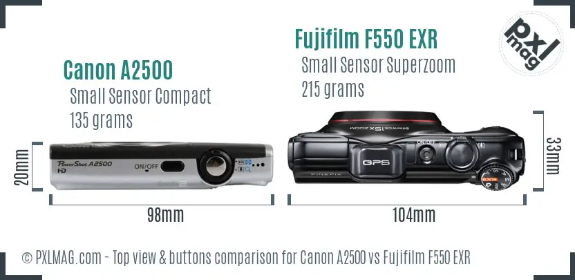 Canon A2500 vs Fujifilm F550 EXR top view buttons comparison