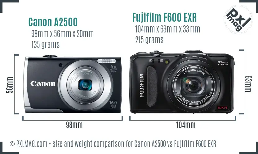 Canon A2500 vs Fujifilm F600 EXR size comparison