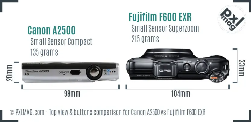 Canon A2500 vs Fujifilm F600 EXR top view buttons comparison