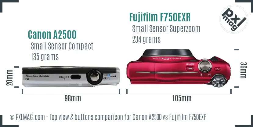 Canon A2500 vs Fujifilm F750EXR top view buttons comparison