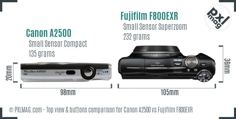 Canon A2500 vs Fujifilm F800EXR top view buttons comparison Canon A2500 vs Fujifilm F800EXR top view buttons comparison