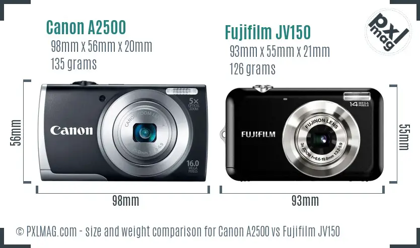 Canon A2500 vs Fujifilm JV150 size comparison