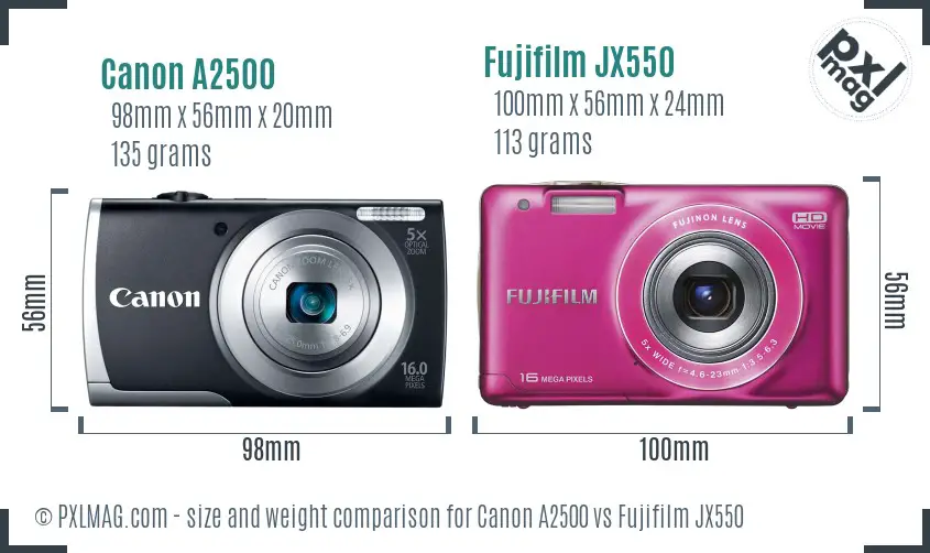 Canon A2500 vs Fujifilm JX550 size comparison