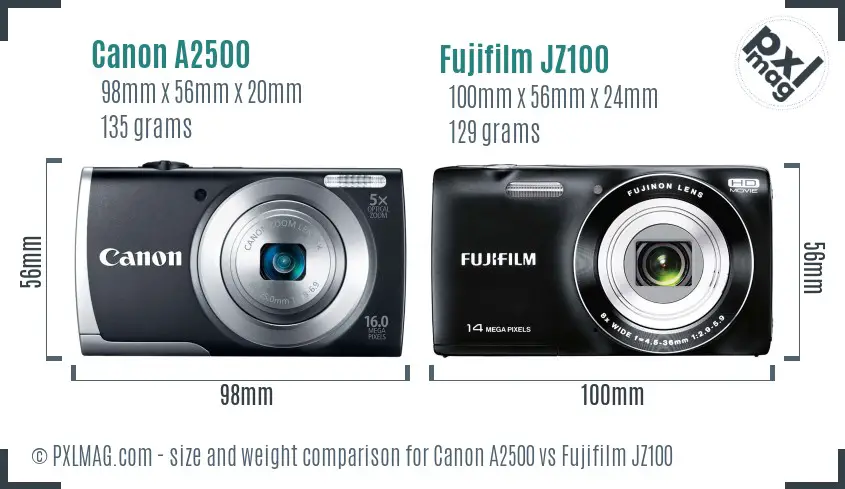 Canon A2500 vs Fujifilm JZ100 size comparison