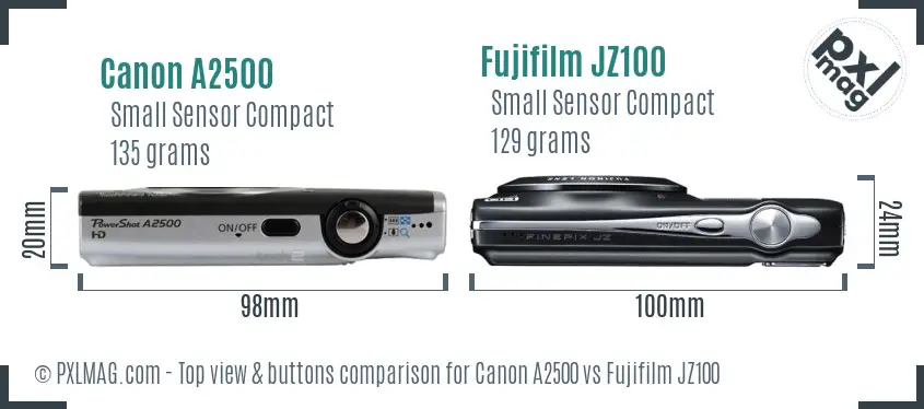 Canon A2500 vs Fujifilm JZ100 top view buttons comparison