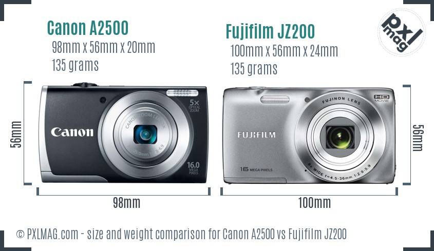 Canon A2500 vs Fujifilm JZ200 size comparison