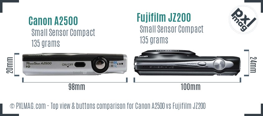 Canon A2500 vs Fujifilm JZ200 top view buttons comparison