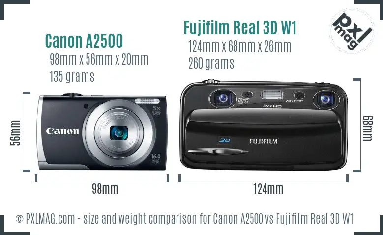 Canon A2500 vs Fujifilm Real 3D W1 size comparison