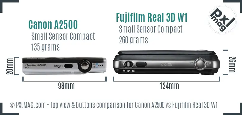 Canon A2500 vs Fujifilm Real 3D W1 top view buttons comparison
