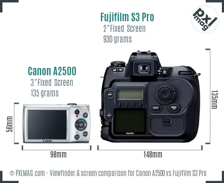 Canon A2500 vs Fujifilm S3 Pro Screen and Viewfinder comparison