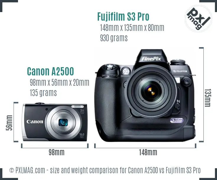 Canon A2500 vs Fujifilm S3 Pro size comparison