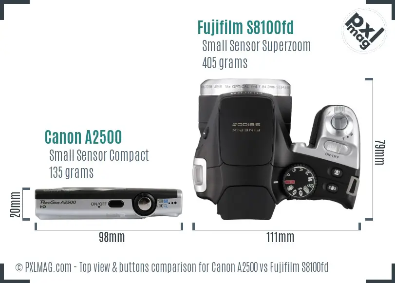 Canon A2500 vs Fujifilm S8100fd top view buttons comparison Canon A2500 vs Fujifilm S8100fd top view buttons comparison