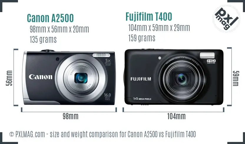 Canon A2500 vs Fujifilm T400 size comparison