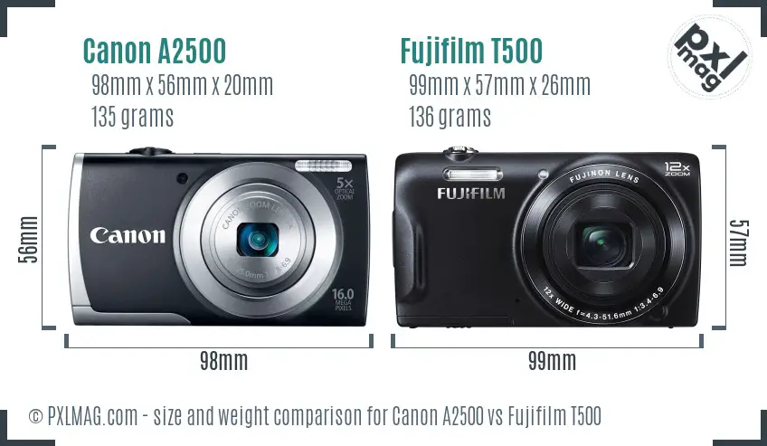 Canon A2500 vs Fujifilm T500 size comparison