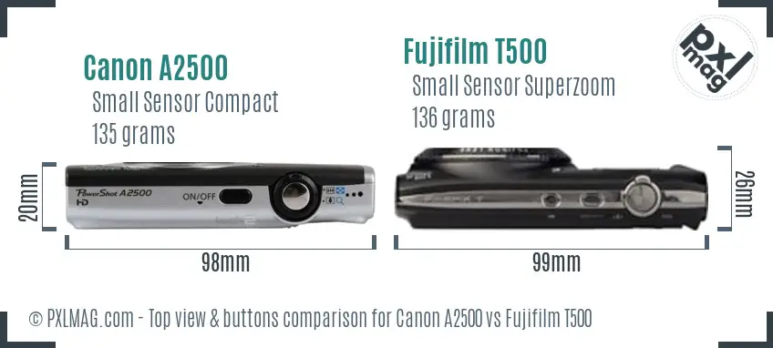 Canon A2500 vs Fujifilm T500 top view buttons comparison